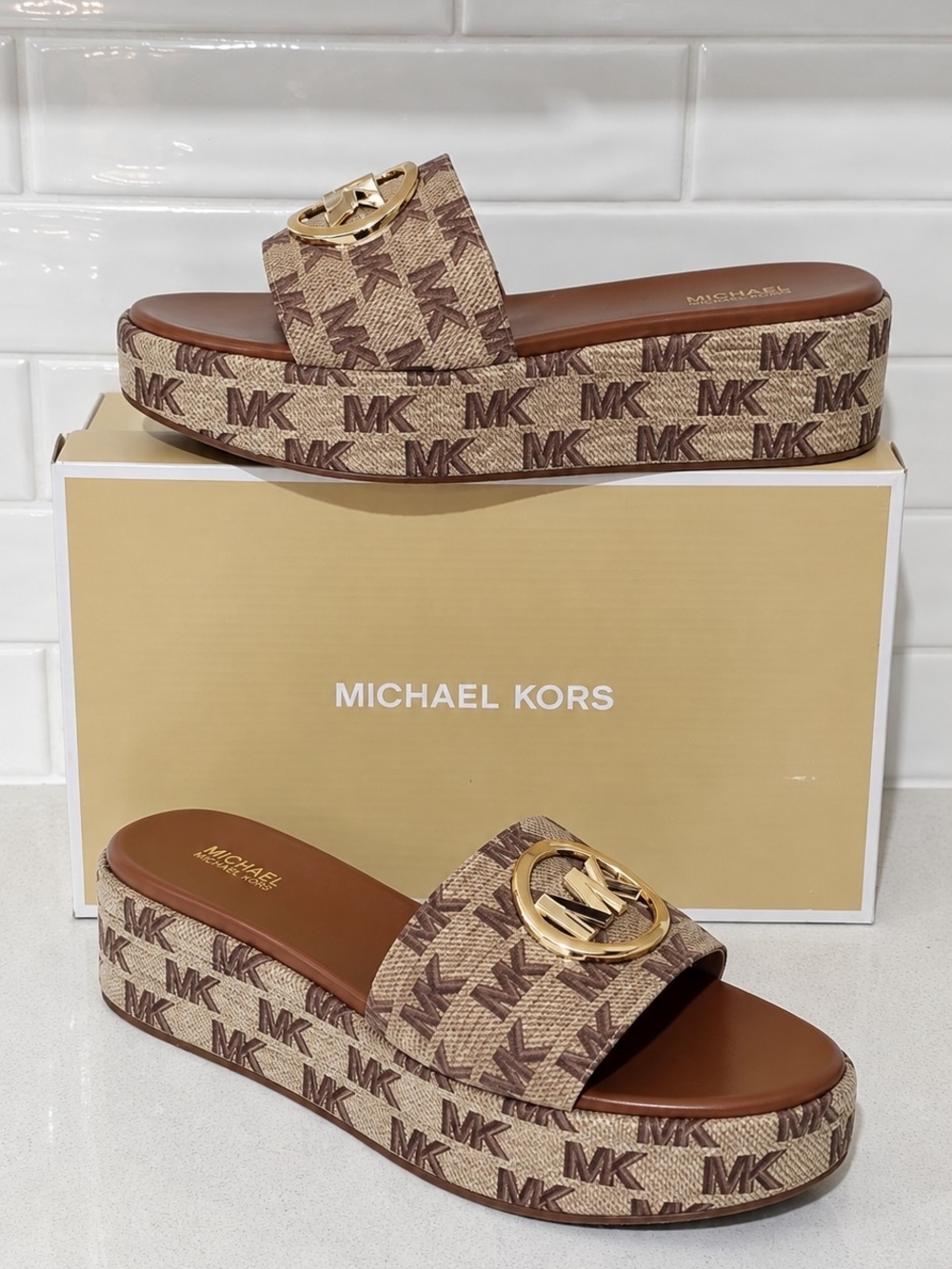 Michael Kors Brown & Tan MK Logo Platform Slide Sandals